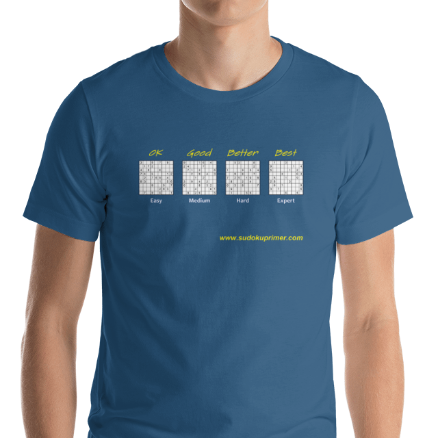 t-shirt with four sudoku grids, the easy one says 'OK,' the medium 'Good,' and so on through 'Better' and 'Best'